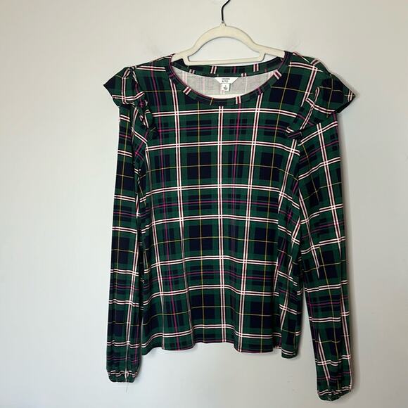 crown & ivy Tops - Crown & Ivy Long Sleeve Julianna Ruffle Shoulder Top Green Plaid Size Large